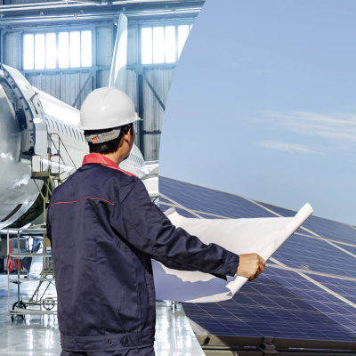 Zwei Bilder werden durch einen geschwungenen Bogen, dem CENA-Bogen, voneinander optisch getrennt. Auf dem linken Bild befindet sich ein Flugzeug in einer Hallte. Auf dem rechten Bild sind Solaranlagen und Windkraftanalgen abgebildet. Ein Mann mit einem Schutzhelm und einem großen Plan in der Hand steht mittig der beiden Bilder.