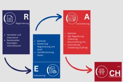 Vereinfachtes Schema des REACH-Registrierungsprozess Darstellung des REACh-Registrierungsprozesses durch CENA Hessen: Hersteller und Importeure registrieren chemische Stoffe, die Behörden evaluieren die Angaben und veröffentlichen die Daten. Anschließend erfolgt gegebenenfalls eine behördliche Regulierung durch Zulassung oder Beschränkung. Die Einhaltung wird in fünfjährigen Abständen kontrolliert.