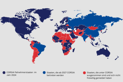 CORSIA-Teilnehmerstaaten Das Bild zeigt eine Weltkarte, in der die an CORSIA teilnehmenden Länder markiert sind. Es wird unterschieden zwischen teilnehmenden Ländern in der freiwilligen Phase bis 2027 beziehungsweise in der verpflichtenden Phase ab 2027 sowie Ländern, die aufgrund geringen Flugverkehrs oder sozio-ökonomischer Kriterien befreit sind.