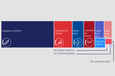 Representation of the cultivation area required for different types of SAF, as calculated by CENA Hessen. Area required for producing SAF from different feedstock and manufacturing processes. Biogenic pathways require significantly larger areas than synthetic pathways.