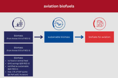 Schematic representation by CENA Hessen of possible feedstocks for the production of synthetic aviation fuels and biofuels for aviation.